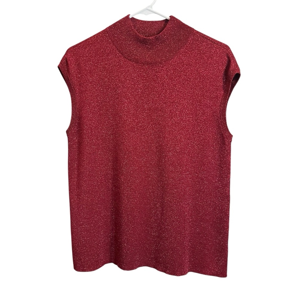 Coldwater Creek Red Lurex Sleeveless Mock Neck Sweater Top  Chic Minimalist XL